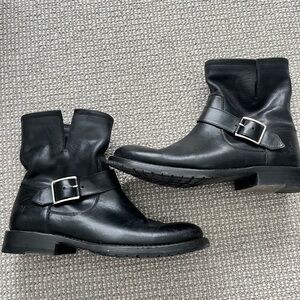 Frye Black Leather Ankle Boots with Buckle